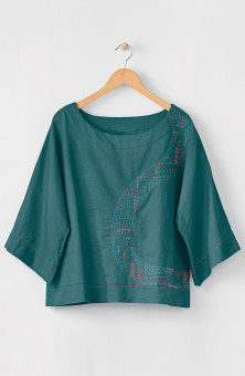 Sujaya Linen Cotton Drop-Shoulder Boxy Top - Dusty teal