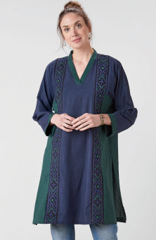 Sanika Long-Sleeve V-Neck Kurta - Celestial/Patina