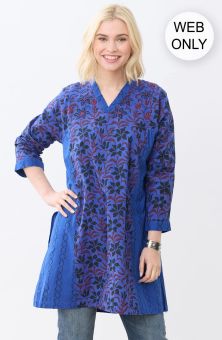 Sanika Organic Cotton Long-Sleeve V-Neck Kurta - Cobalt