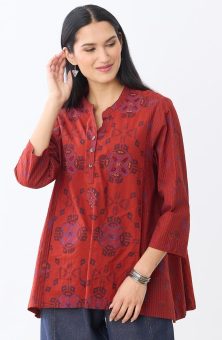 Riyana Organic Cotton Henley Tunic - Sunset red/Multi