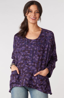 Rimsha Long-Sleeve Popover Swing Top - Aubergine