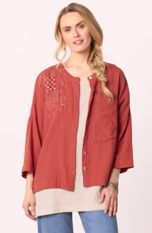 Rishra Cotton Double Gauze Embroidered Jacket - Fire red