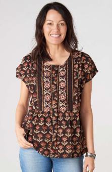 Shalu Cap Sleeve Buttondown Top - Black/Multi