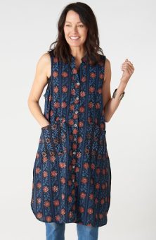 Tanvi Sleeveless Buttondown Long Vest - Indigo/Multi