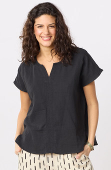 Isha Double Gauze Notch-Neck Top - Black