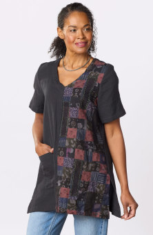 Rushila Upcycled Patchwork V-neck Tunic - Black/Chindi