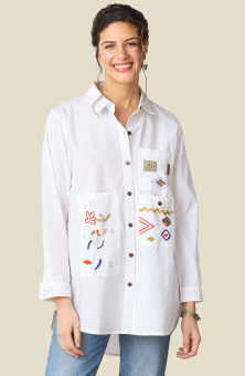 Aashna Organic Cotton High-Low Hem Buttondown Shirt - White