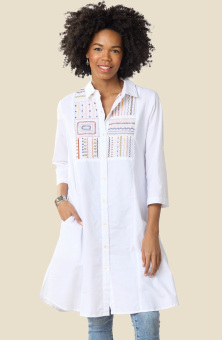 Yasira Organic Cotton Embroidered Long Shirt - White