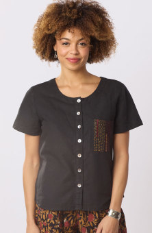 Meera Linen Cotton Short-Sleeve Buttondown Top - Black