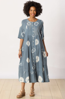Avika Short-Sleeve Shibori Buttondown Long Dress - Pond