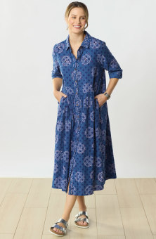 Nishika 3/4-Sleeve Button-Front Midi Shirt Dress - Tranquil blue/Multi