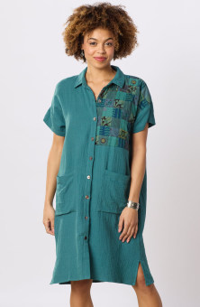 Shireen Cotton Double Gauze Upcycled Patchwork Shirt Dress - Dusty teal/Chindi