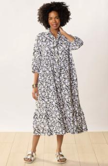 Kashmira Organic Cotton Button-Front Maxi Shirt Dress - White/Black