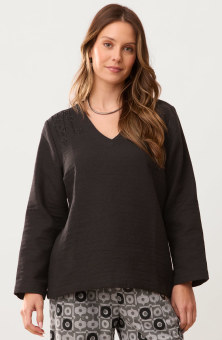 Deepa V-Neck Matelassé Top - Charcoal black
