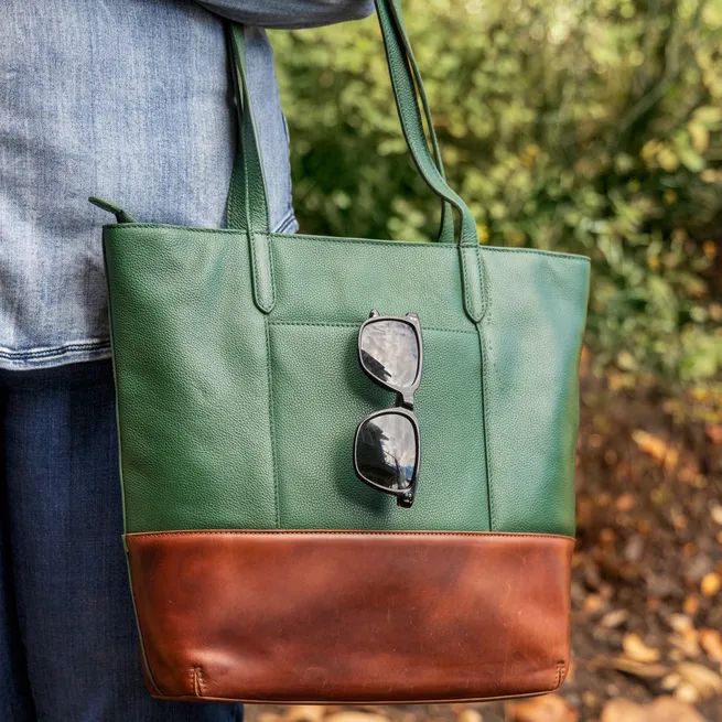 Green leather tote bag - Gifts For Her