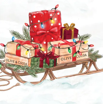 Olive & Cocoa illustration of gift crates on a sled