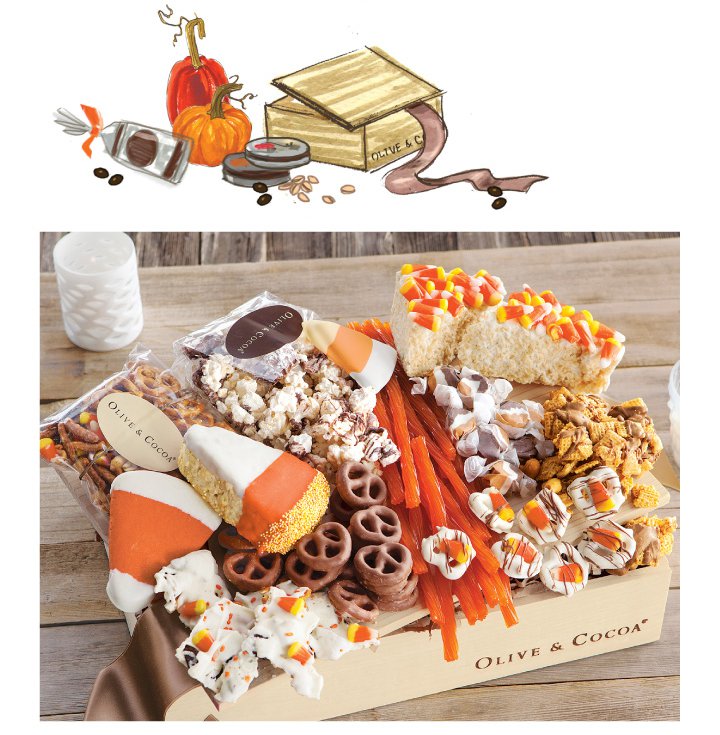 An image of Olive & Cocoas candy corn & treats halloween crate with classic halloween sweets.