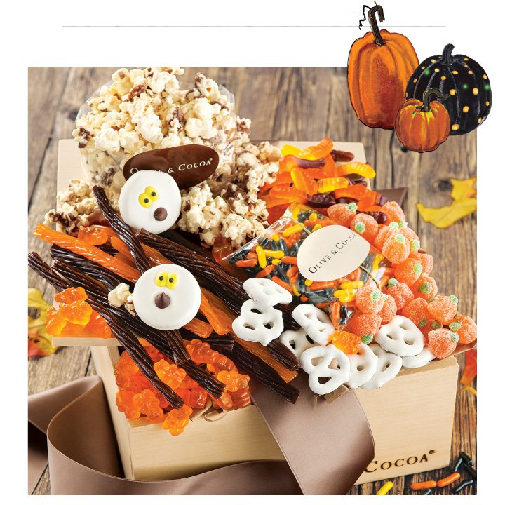 An image of Olive & Cocoas boolicious halloween candy basket filled with various halloween treats.