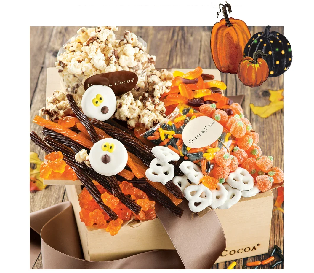 An image of Olive & Cocoas boolicious halloween candy basket filled with various halloween treats.