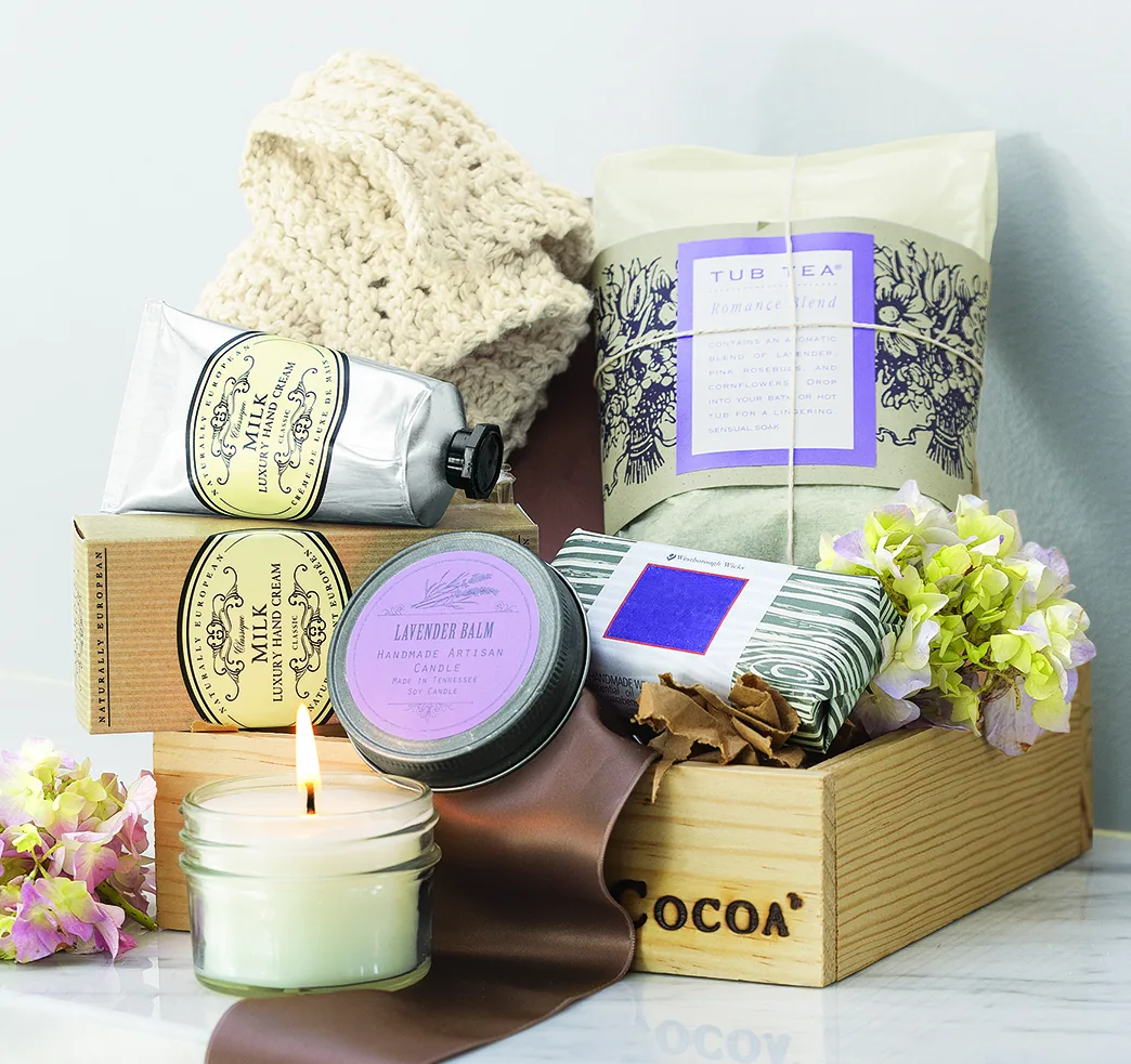 Serenity Spa Crate with lavender bath sundries, hand cream, and a candle
