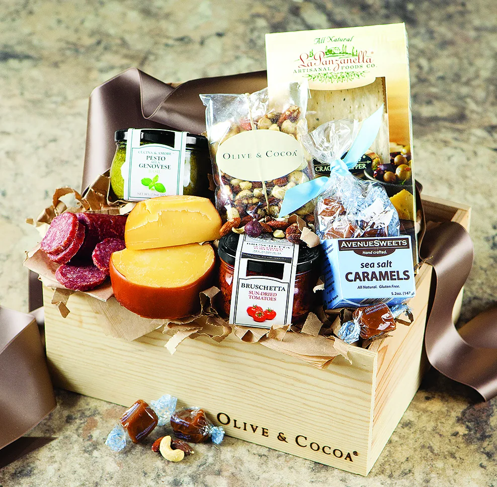 Italian Market Snacks crate with cheese, salami, pesto, crackers, and sea salt caramels