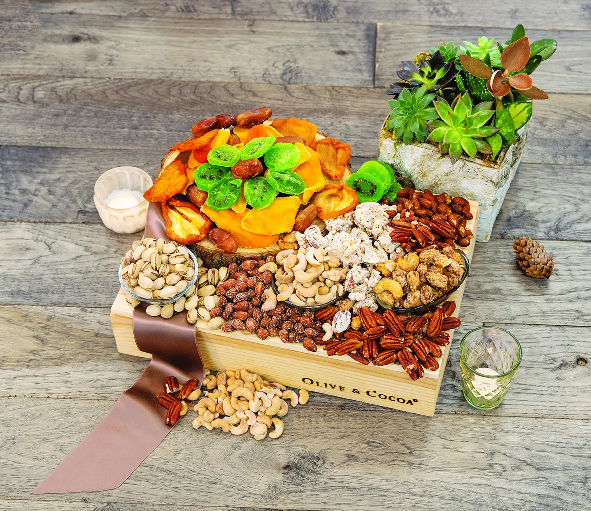 Gourmet Dried Fruit and Nut Crate filled with dried fruit, pistachios, cashews, pecans, and almonds