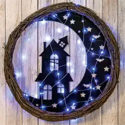 Lit Haunted House Wreath