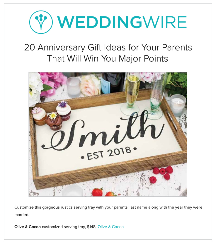 Our Customized Serving Tray Highlighted on WeddingWire.com