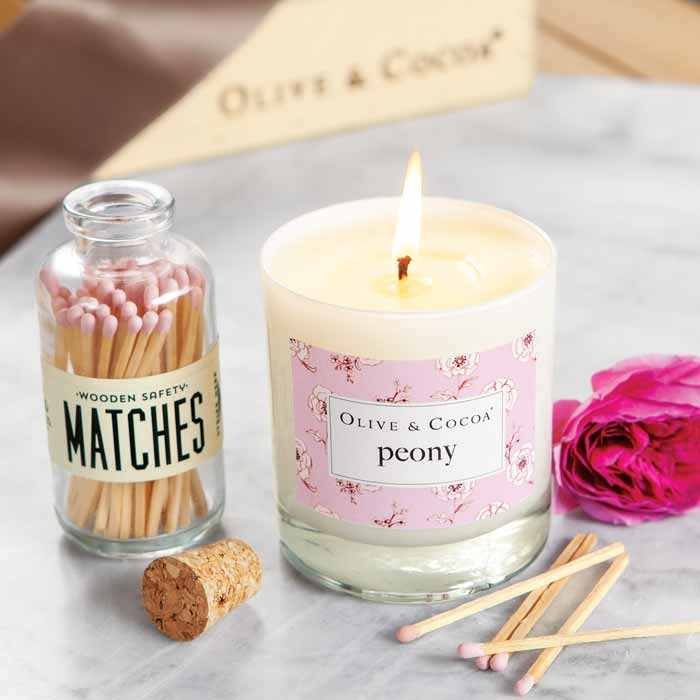 Olive & Cocoa Peony Candle & Matches