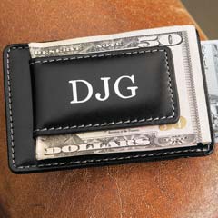 Monogrammed Leather Money Clip - Monogrammed Leather Money Clip, Black With Silver Lettering