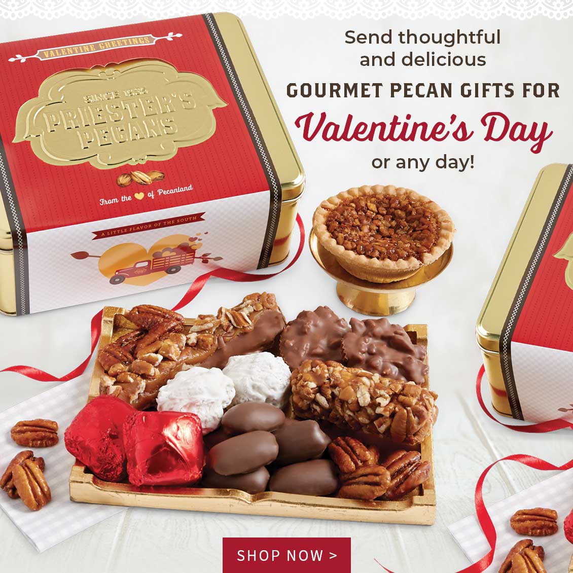 Send thoughtful and delicious GOURMET PECAN GIFTS FOR Valentine's Day or any day!