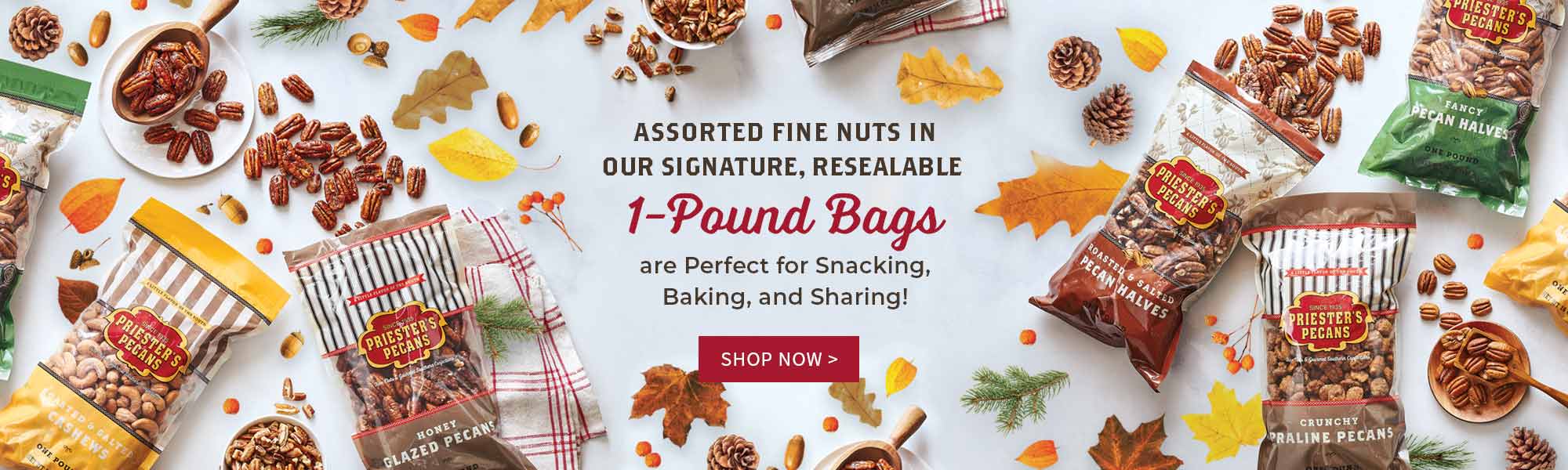 Assorted fine nuts in our signature, resealable  1-Pound Bags are perfect for snacking, baking, and sharing!