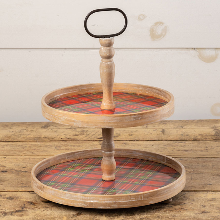 Two Tier Tartan Tray - wood and plastic