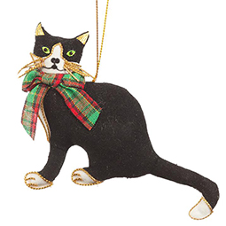 Black Cat Ornament with Tartan Bow