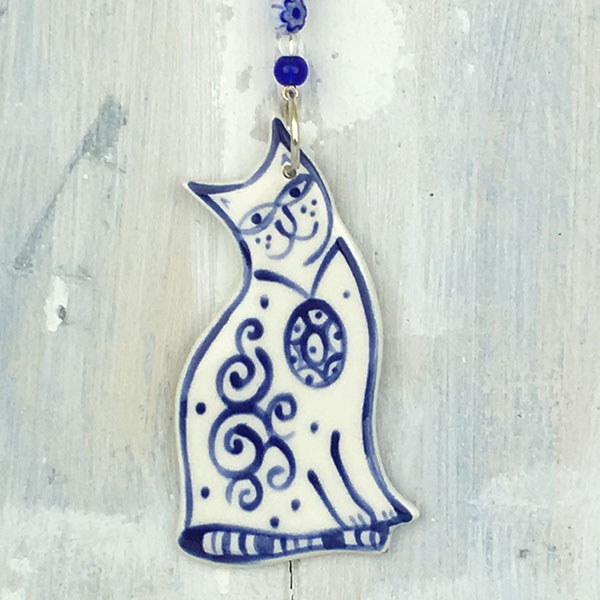 SALE Blue Ceramic Cat with beaded hanger