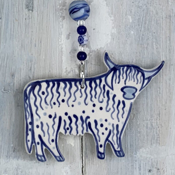 Blue Ceramic Highland Cow with beaded hanger