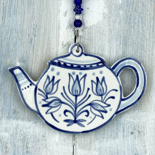 Blue Ceramic Teapot Ornament with beaded hanger