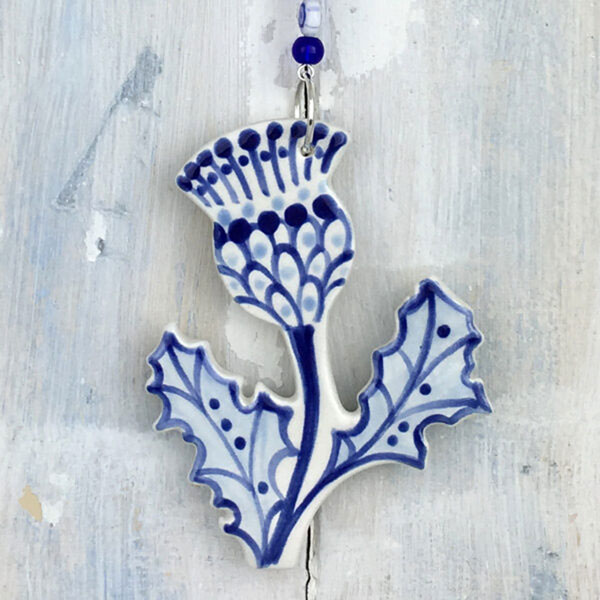 SALE Blue Ceramic Thistle with beaded hanger