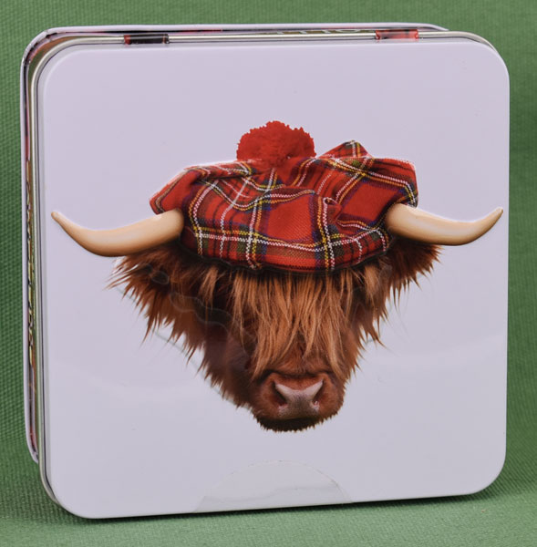 Highland Cow with Tam Square Shortbread Tin from Campbells 3 oz.