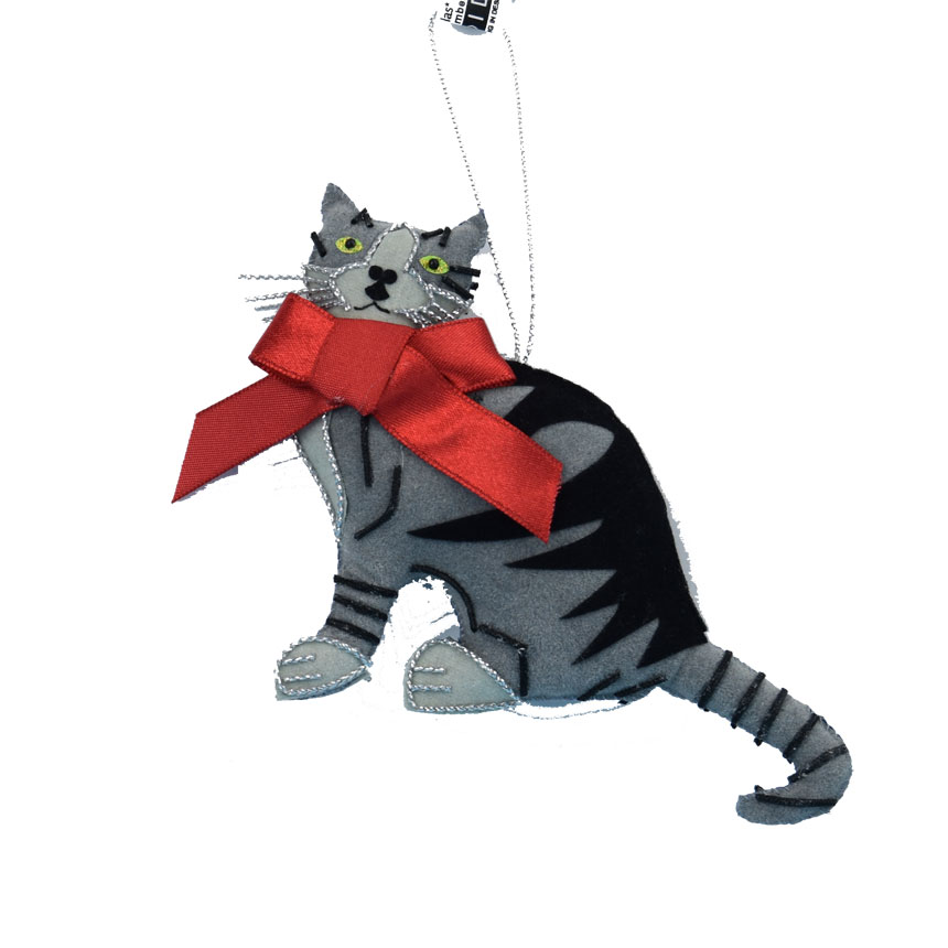 SALE Grey Tabby Cat with Red Bow Ornament