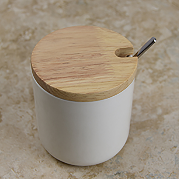 SALE Ceramic Jam Jar with wooden top and spoon.