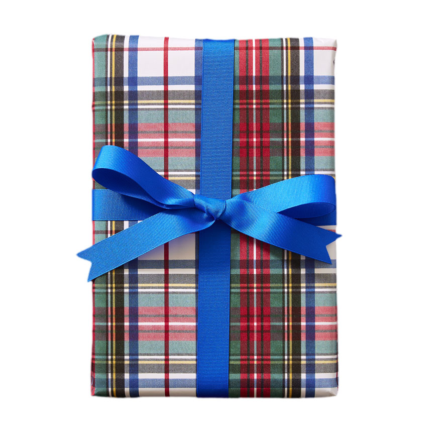 Blue box with tartan ribbon - or tartan paper with blue ribbon
