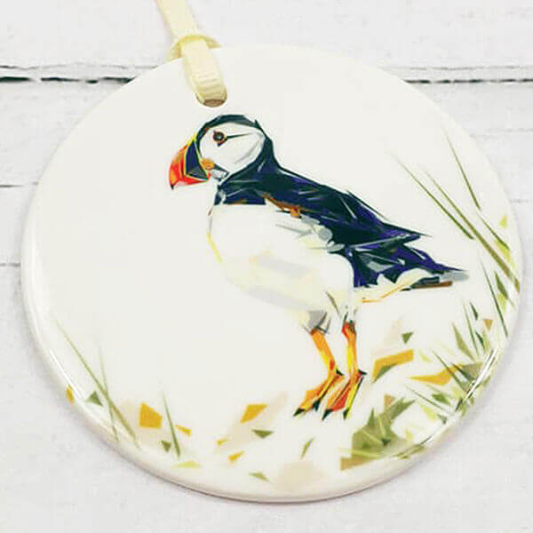 SALE Puffin Ornament on round ceramic disk 2.75"