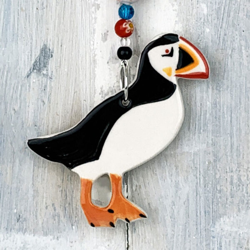 Puffin Ceramic Ornament with beaded hanger