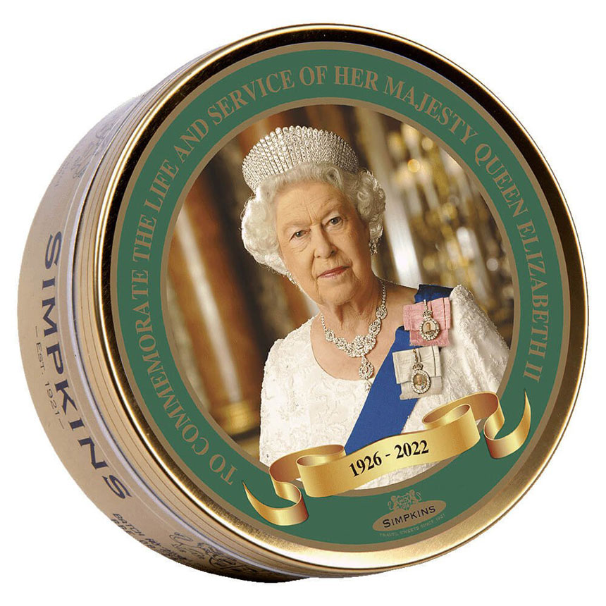 Queen Elizabeth II Memorial Tin - Simpkins Mixed Fruit Travel Sweets