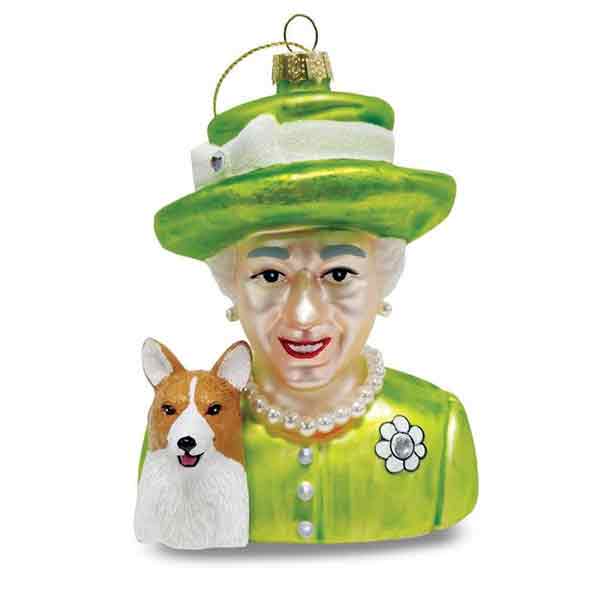 SOLD OUT Queen Elizabeth & Her Corgi Glass Ornament - Lime Green
