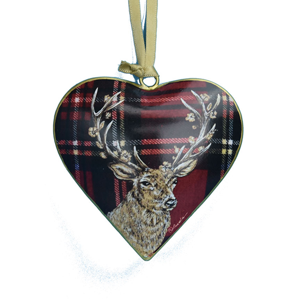 Red Tartan Stag on a metal heart ornament
