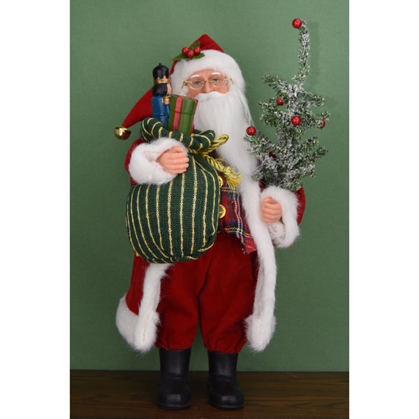 SALE 15" tall Santa with Green Bag of Toys and a Tree