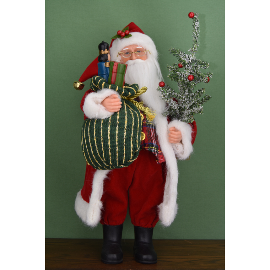 Plaid Coat Santa with Bag of Wooden Toys - 15" tall