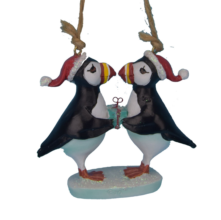 Two Puffins Holding a Present Ornament